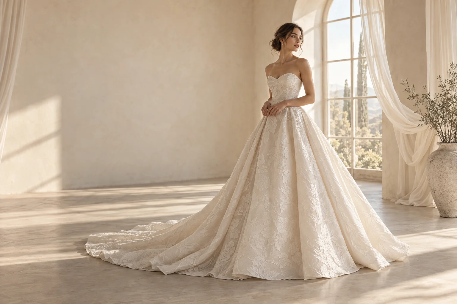 Bride in an ivory floral gown in a sunlit atelier