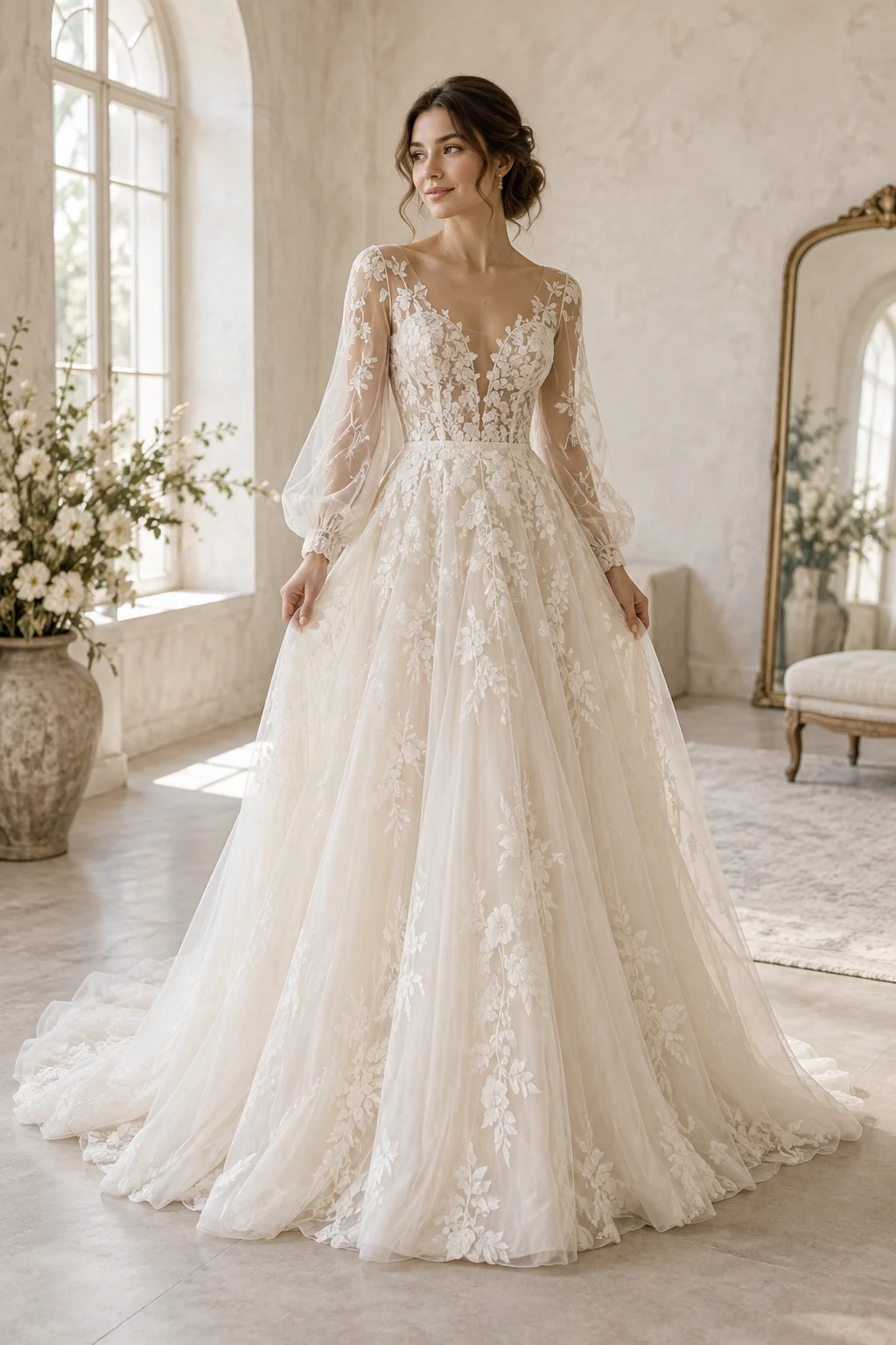 Ivory lace wedding gown with sheer sleeves