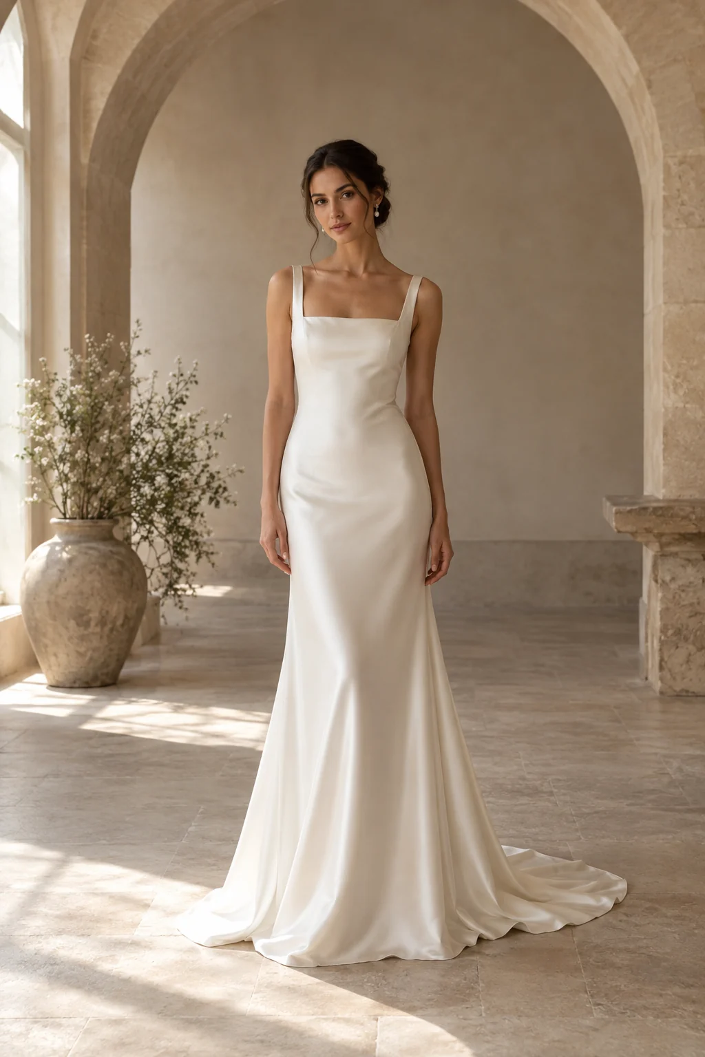 Minimal ivory satin wedding gown with square neckline
