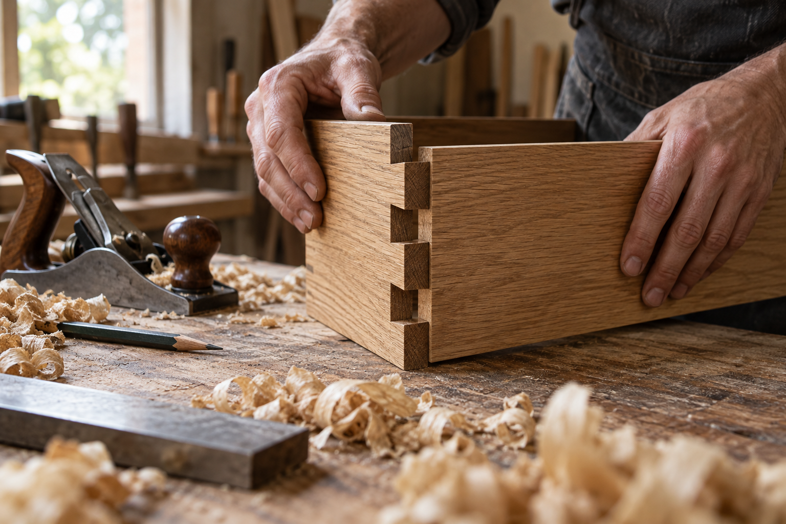 Illustrative close-up of hands fitting an oak dovetail joint