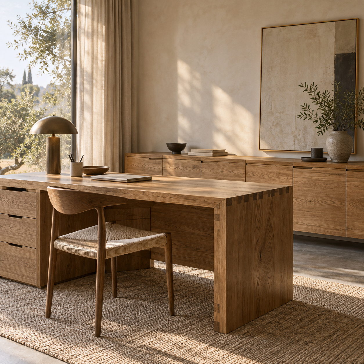 Illustrative solid oak desk and wall cabinet in a home study