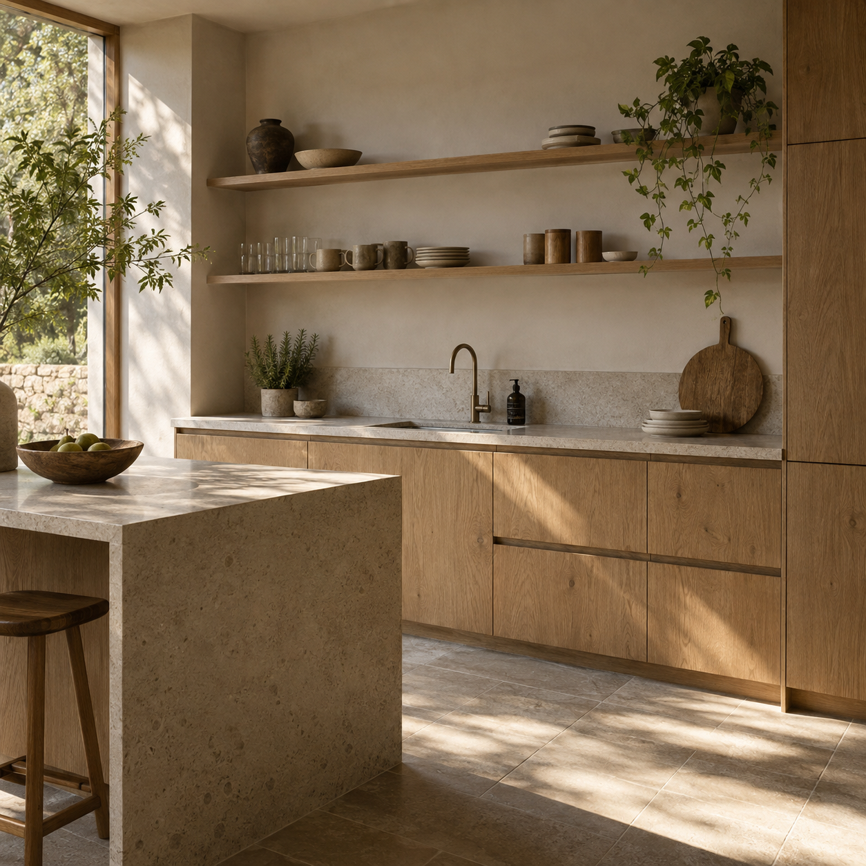Illustrative oak kitchen cabinetry with open shelving