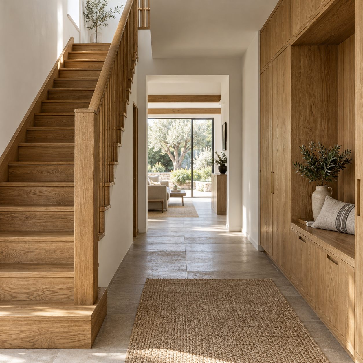 Illustrative oak staircase and fitted hallway storage