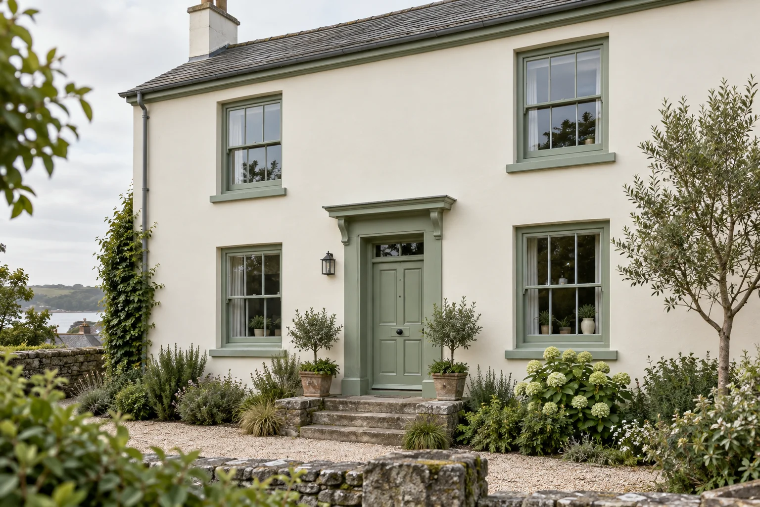 Concept house exterior with warm ivory walls and sage green trim