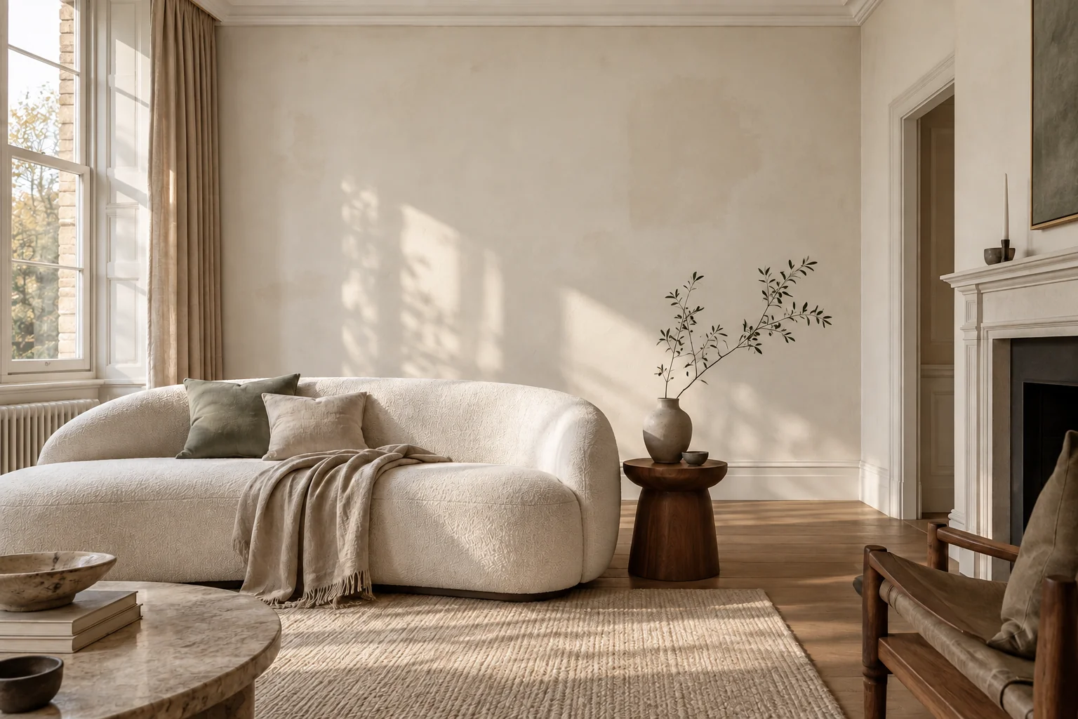 Concept sitting room with plain off-white walls before a colour change