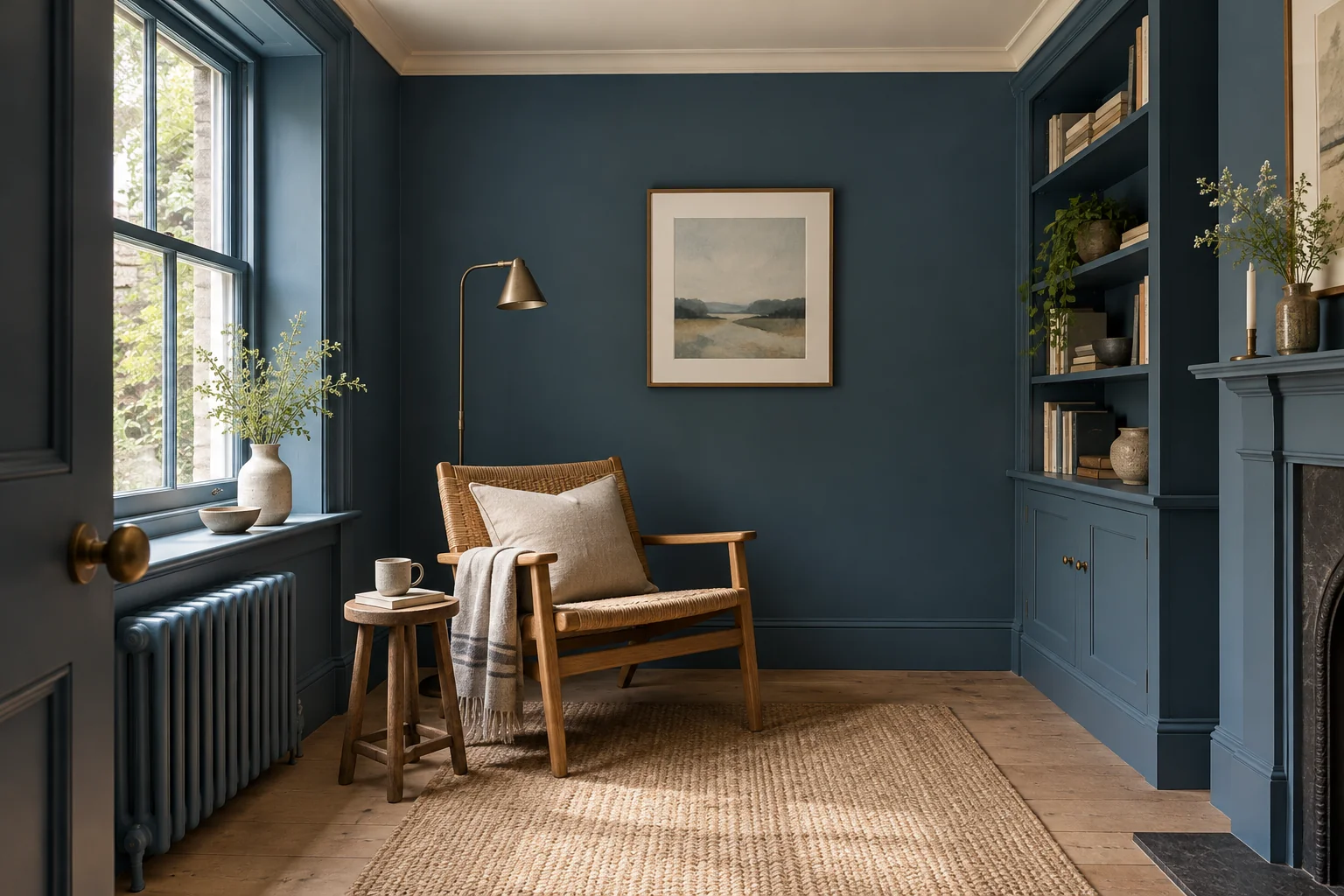 Concept reading room with deep blue painted walls and woodwork
