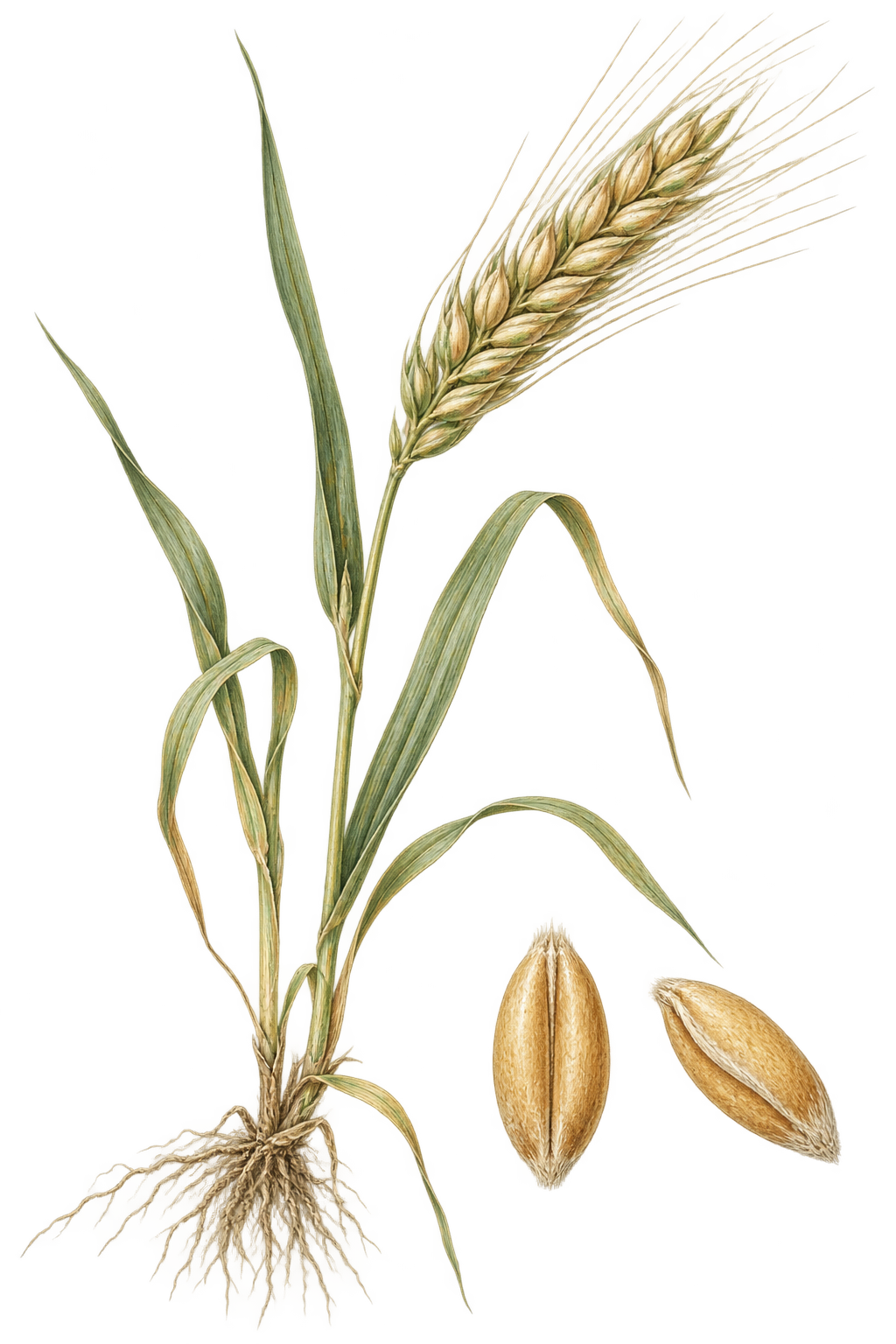 Illustrative botanical study of a cereal plant and its grain