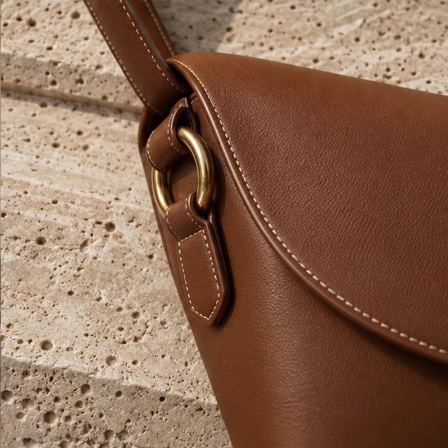Caramel bag stitching and gold hardware detail