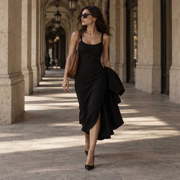 Editorial city look in a black dress