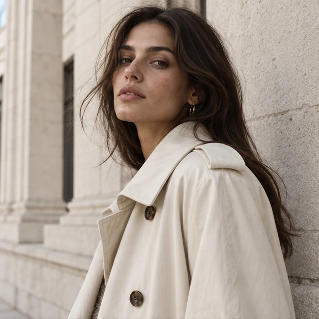 Editorial portrait in an ivory trench coat