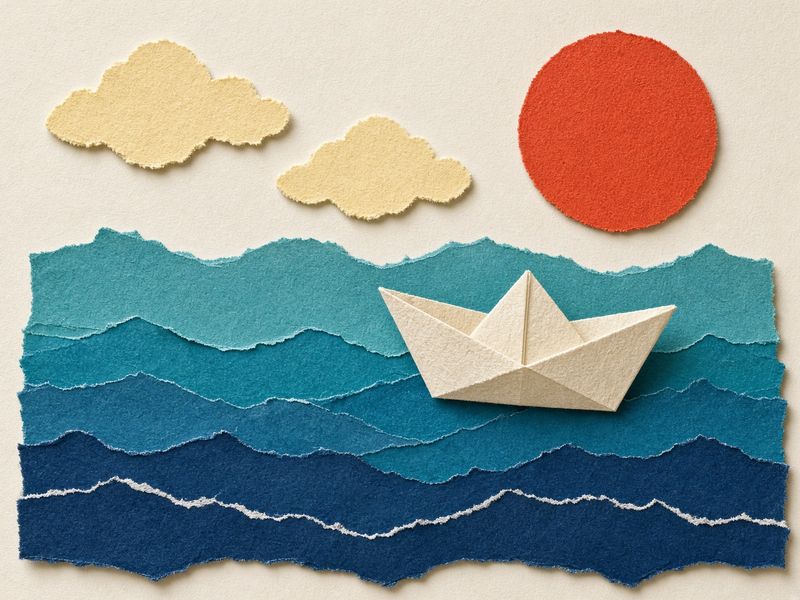 Cut-paper seascape: a folded paper boat on torn blue waves under a red sun and yellow clouds