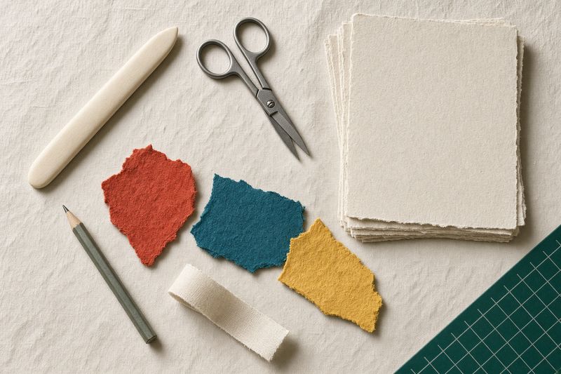 The cutting table: paper scraps, scissors, a pencil, tape and a stack of cream sheets on a cutting table