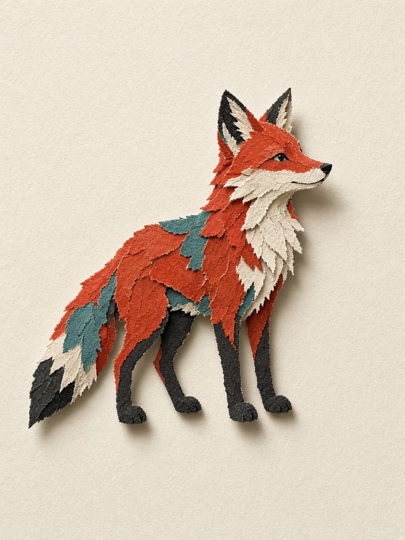 A red cut-paper fox standing on cream paper