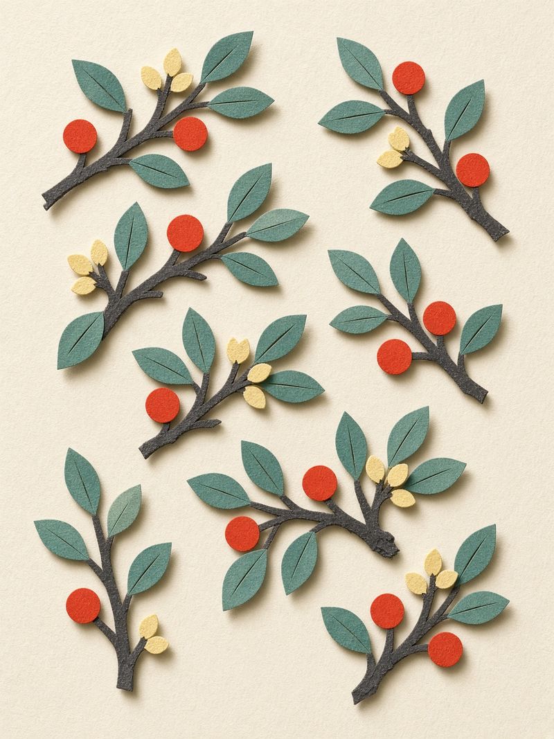 Cut-paper pattern of olive-green branches with red berries on cream paper