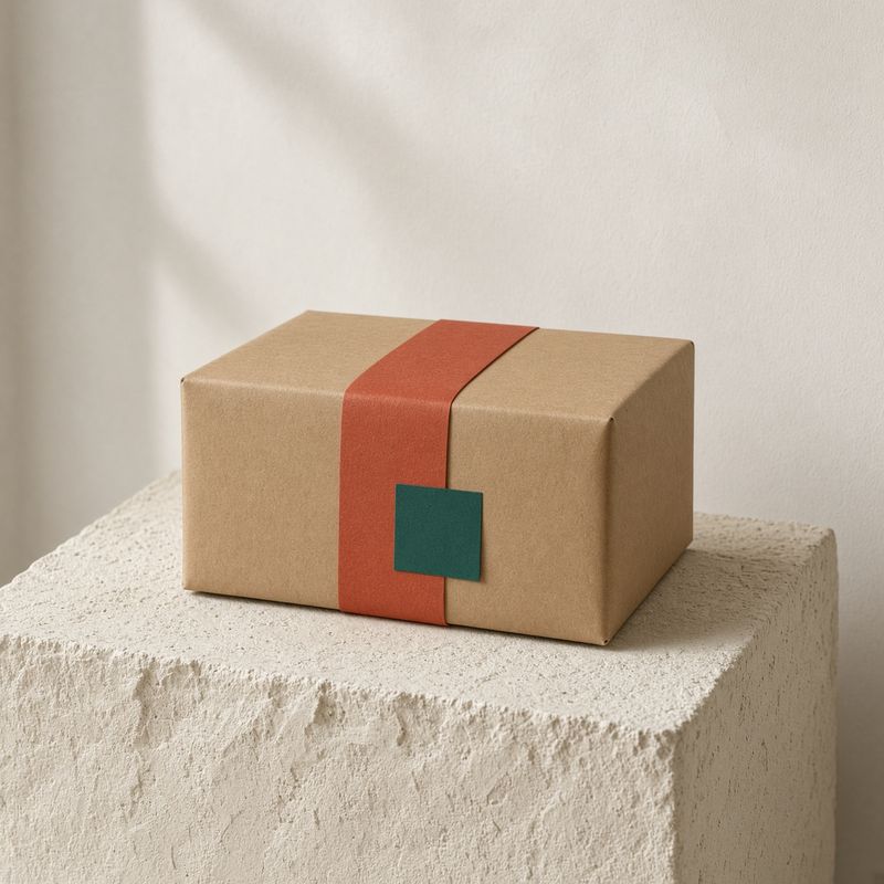 A kraft parcel with a red paper band and a teal square on a plaster plinth