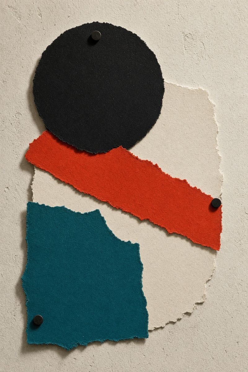 Torn-paper poster: a black circle over red, white and teal strips