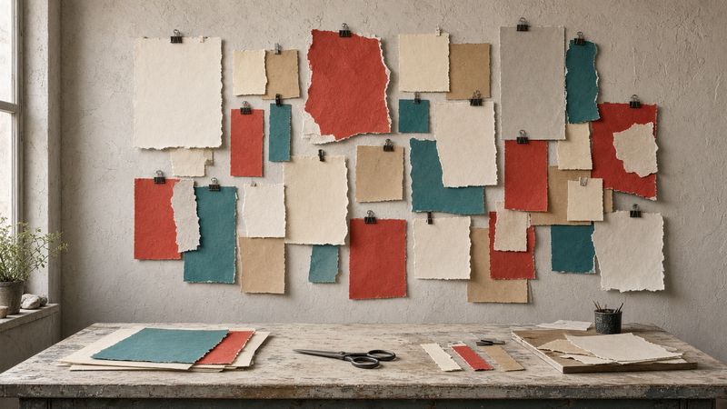 The studio wall: a studio wall pinned with red, cream and teal paper pieces above a work table