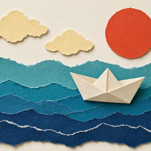 Cut-paper seascape: a folded paper boat on torn blue waves under a red sun and yellow clouds