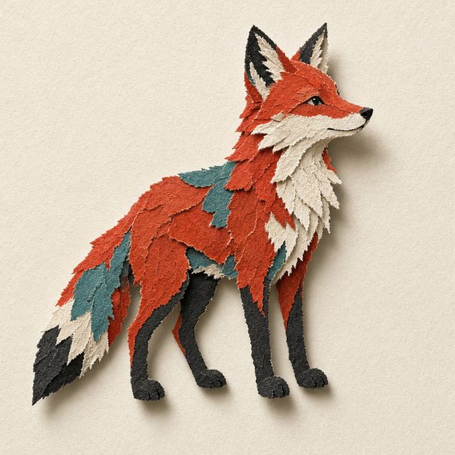 A red cut-paper fox standing on cream paper