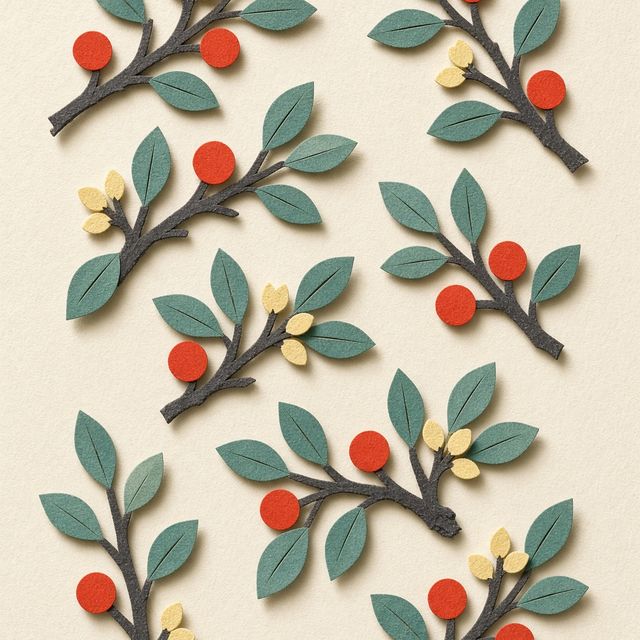Cut-paper pattern of olive-green branches with red berries on cream paper