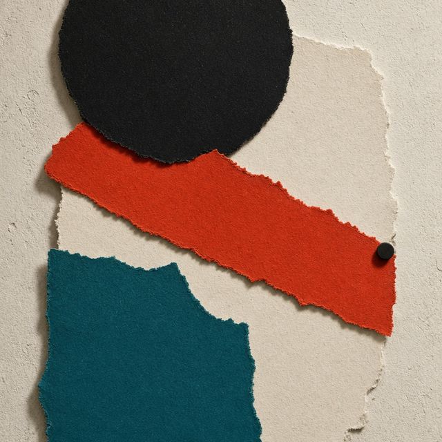 Torn-paper poster: a black circle over red, white and teal strips