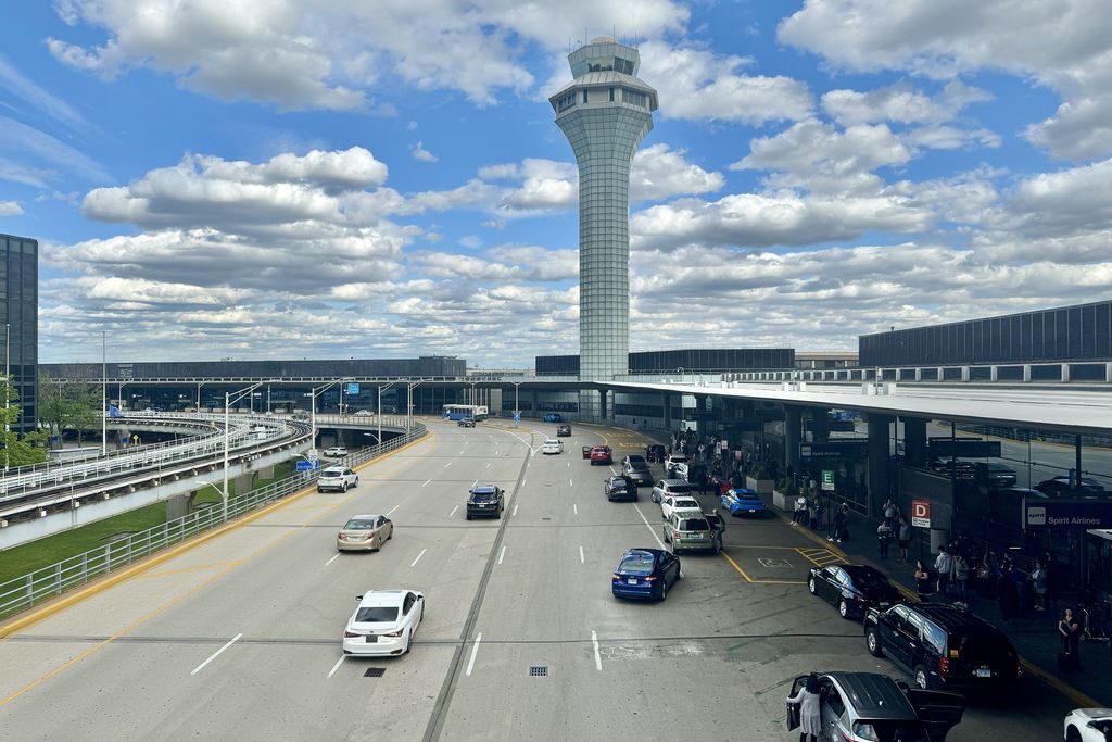 The control tower and terminal roads at O'Hare International Airport