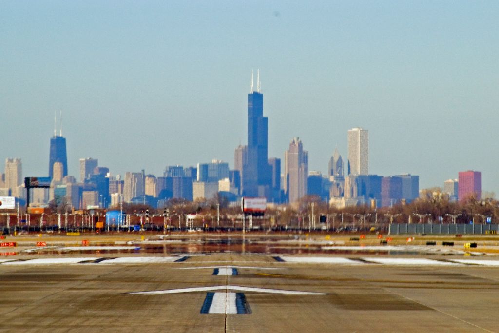 The Chicago skyline seen across the runway at Midway Airport