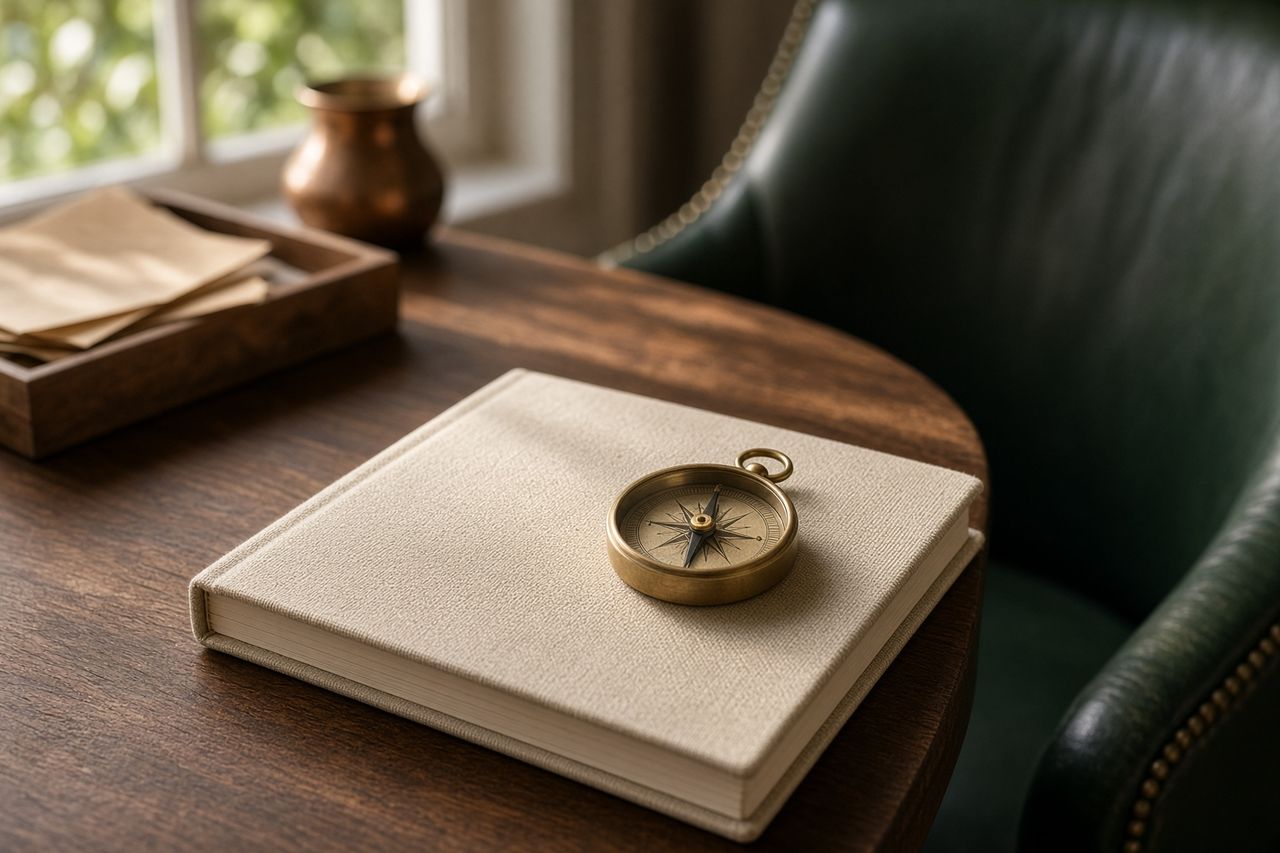 A brass compass on a linen notebook in morning light