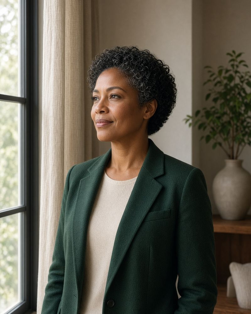 Mara Voss, founder of Compass Coaching, beside a studio window