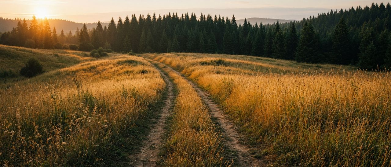 A dirt path through a golden meadow toward a dark pine treeline
