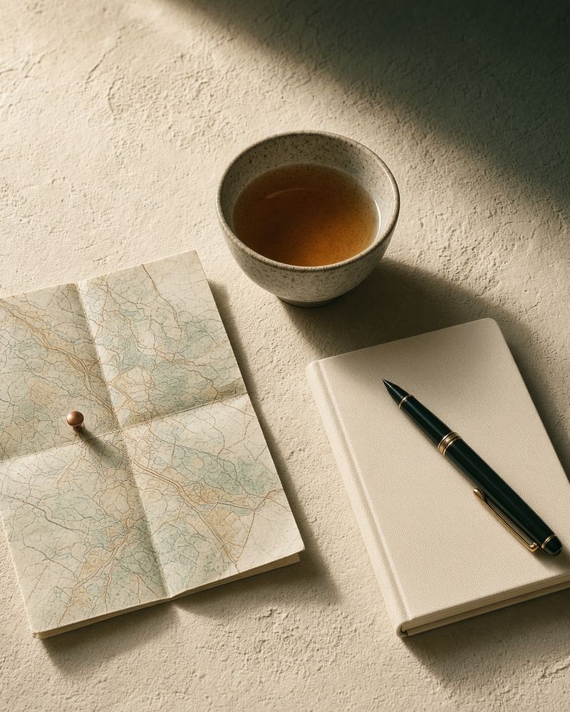 A folded map, a cup of tea, and a notebook with a pen