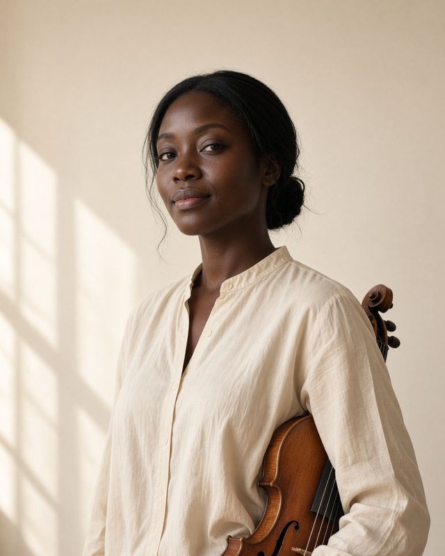Amara Okonkwo in a cream blouse, a violin under her arm.