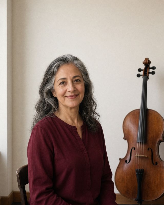 Camille Duret in a burgundy blouse, seated beside her cello.