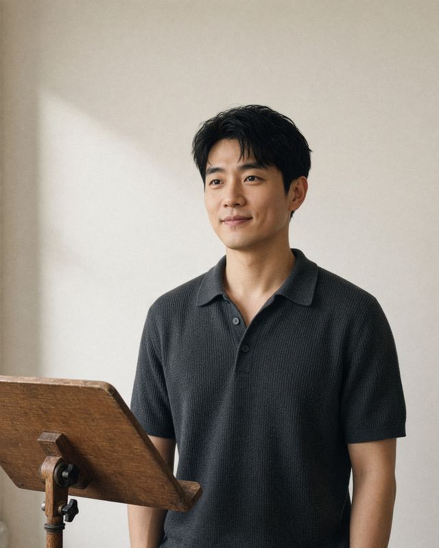 Jun Park in a charcoal knit, standing by a music stand.