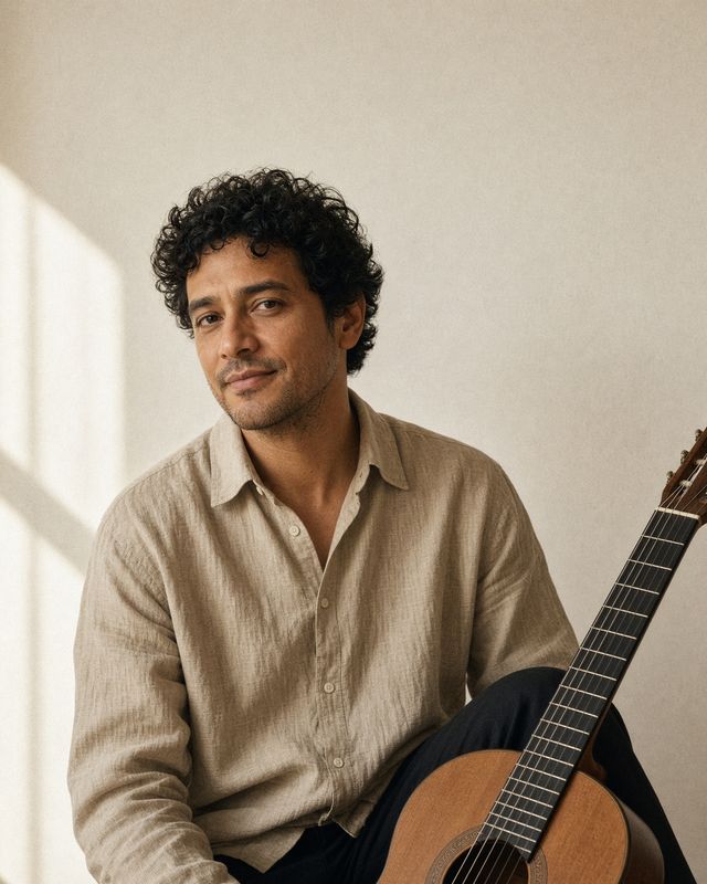 Marcus Hale in a sand linen shirt, in the practice room.