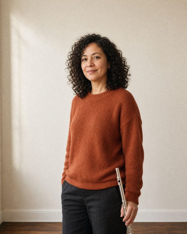 Naomi Feld in a rust knit, holding a silver flute.