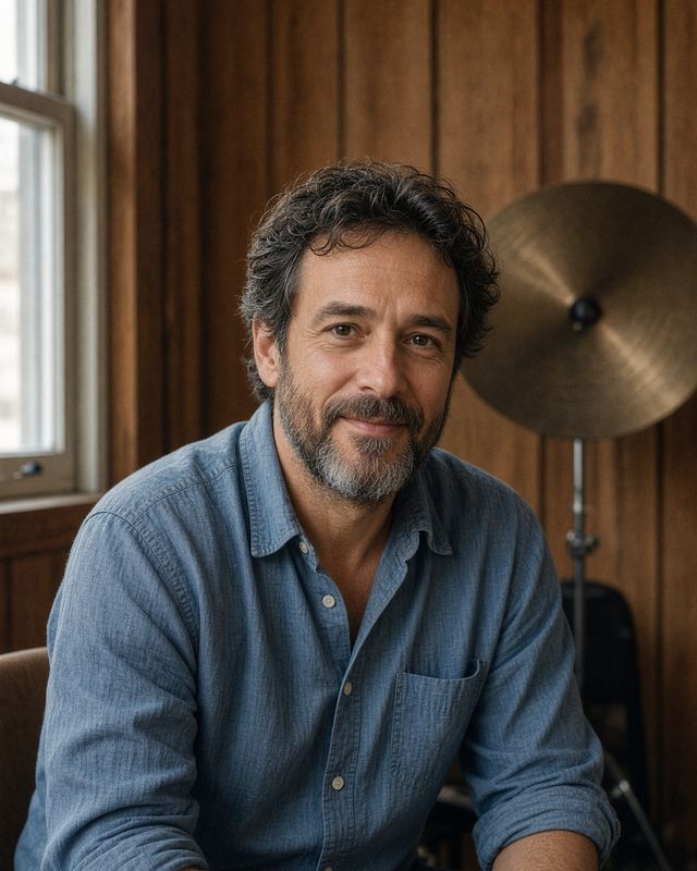 Theo Lang with a salt-and-pepper beard, in the drum room.