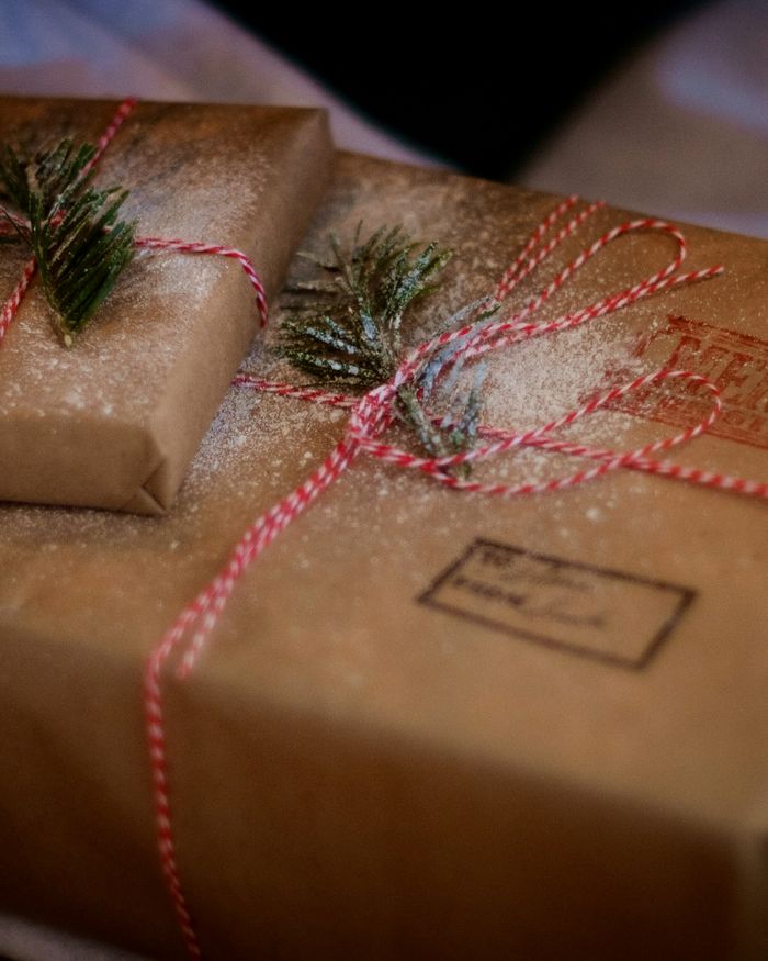 Parcels wrapped in brown paper and tied with red-and-white twine, with a sprig of green on top