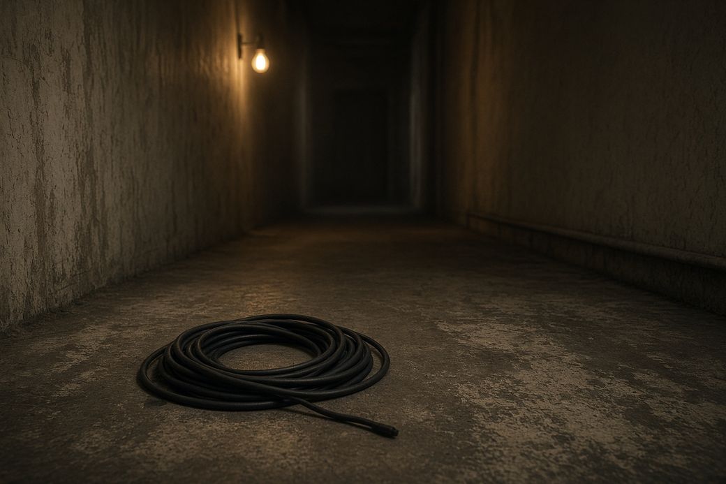 An empty backstage corridor with a coiled cable