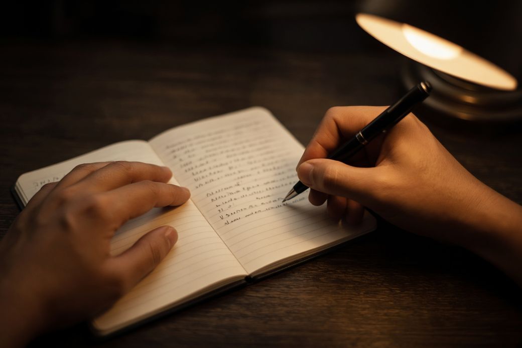 Hands writing in a notebook at a wooden desk