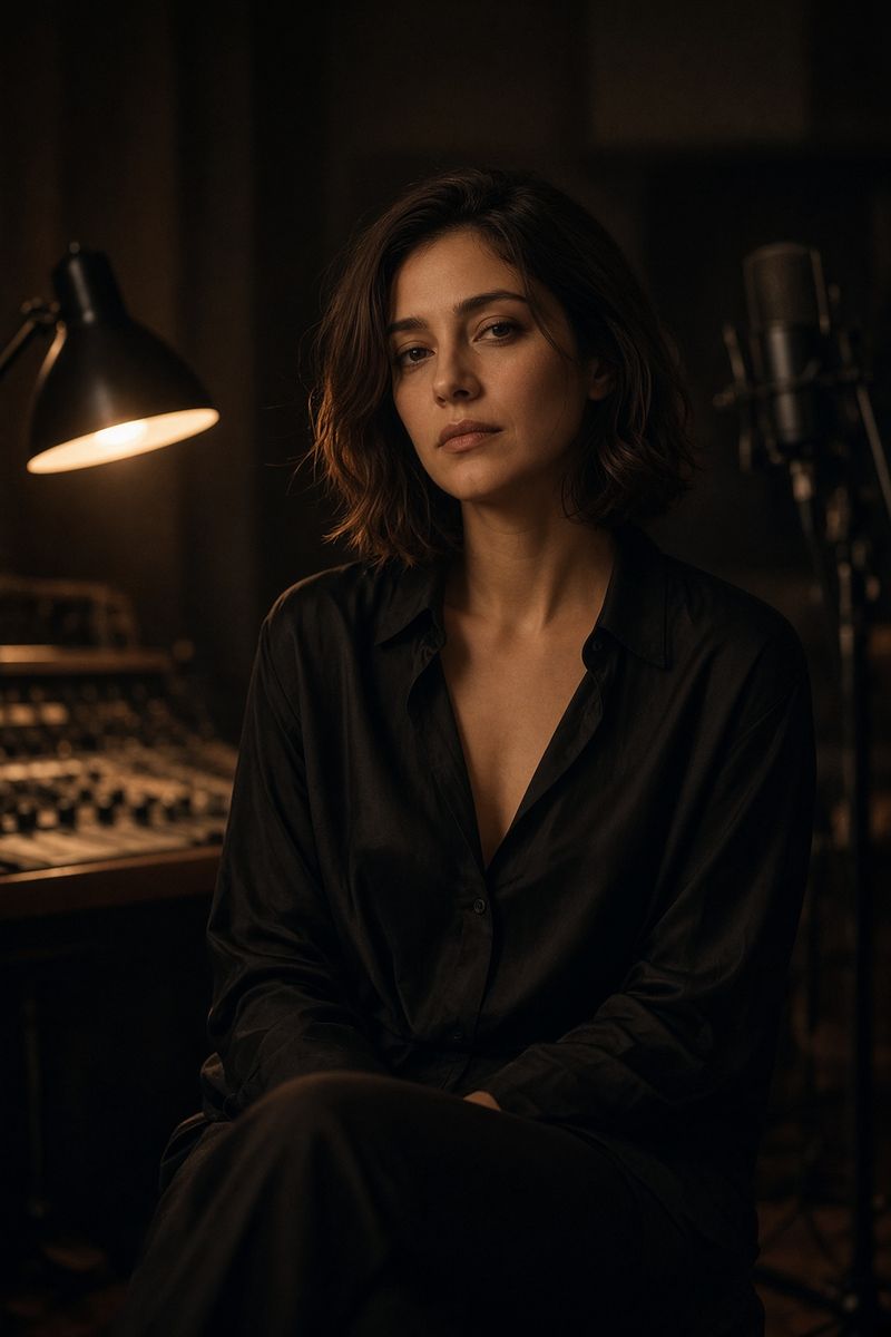 Mara Voss seated in a dim studio under a tungsten lamp