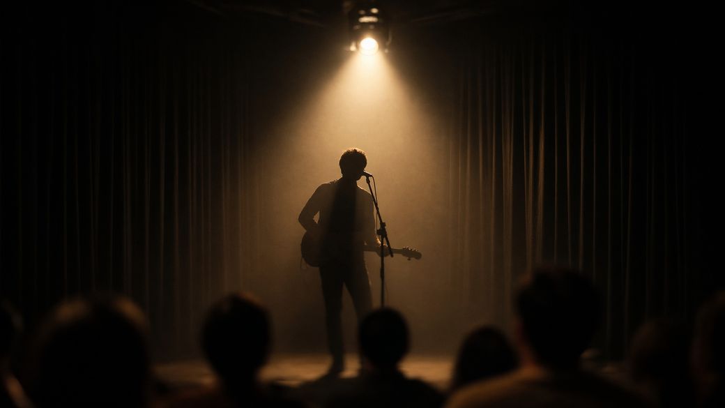 A solo figure under a single amber spotlight