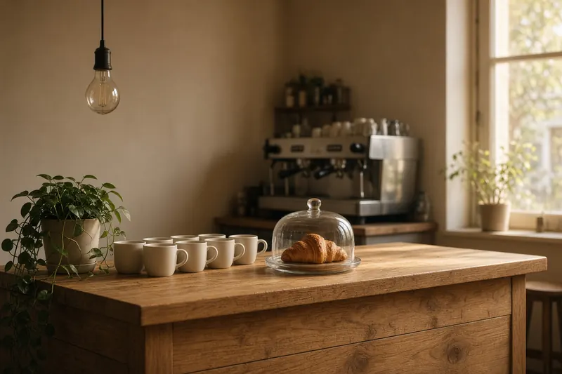 An empty café counter with ceramic cups, a croissant under a cloche, and morning light.