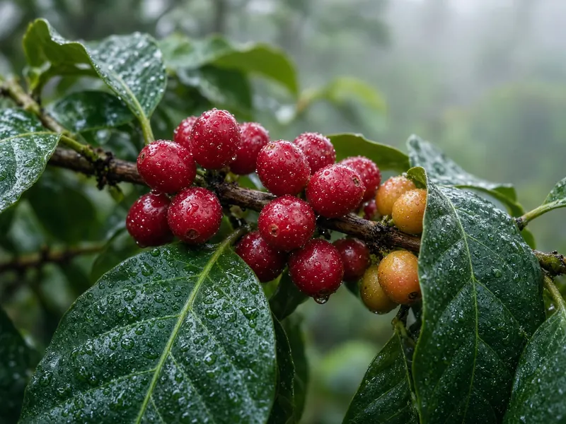 Ripe red and yellow coffee cherries on a leafy branch in morning mist.