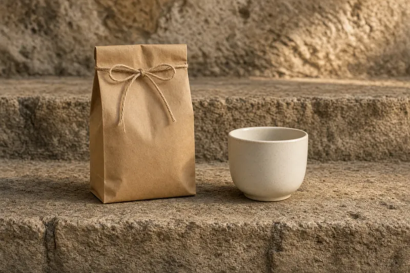 An unlabelled kraft coffee bag and a small ceramic cup on a stone doorstep.