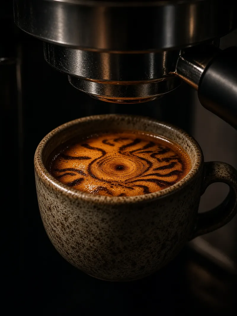 Espresso with tiger-striped crema in a small ceramic cup.