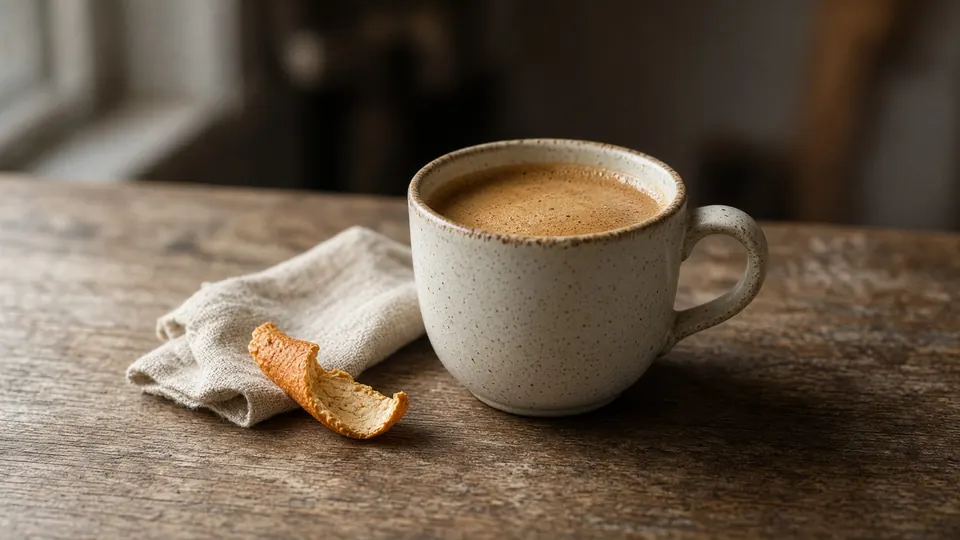 A speckled ceramic cup of coffee on an oak counter, with a linen napkin and dried orange peel.
