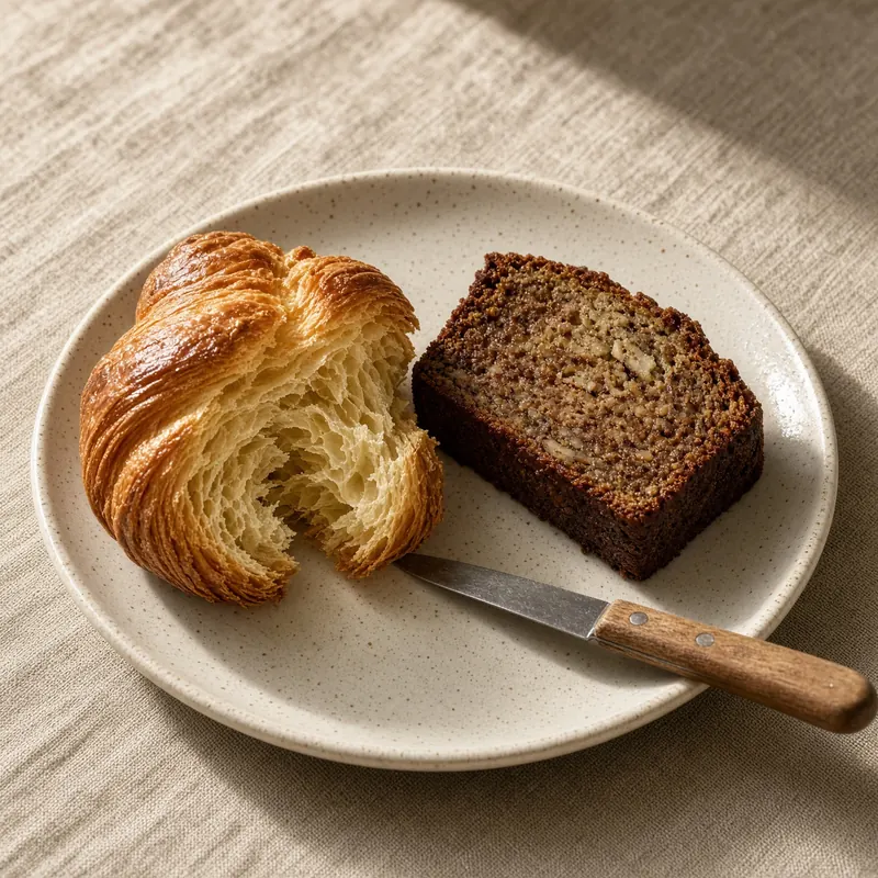 A torn butter croissant and a slice of banana bread on a speckled plate.