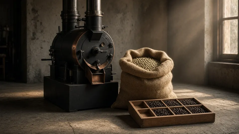 A small black and copper drum roaster beside a sack of green coffee in a compact roastery.