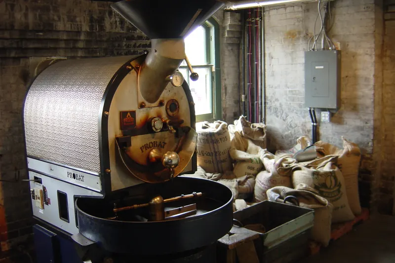 A small roastery: a drum roaster with its cooling tray, and sacks of green coffee along a brick wall.